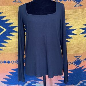 NWT Lovestitch Bamboo Black Square Neck Long Sleeve Blouse. Micro Ribbed. Large
